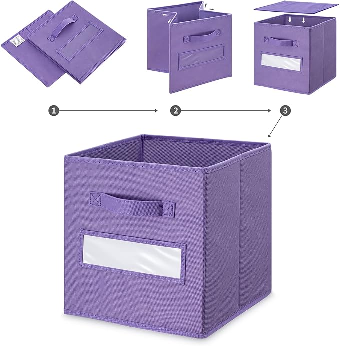 11 Inch Storage Cube,Storage bin,cube storage (Set of 10) Foldable Fabric Cube Storage Bins with 10 Labels Window Cards & a Pen,Baskets Containers for Shelves,Closet Organizers Box,Purple - Image 4