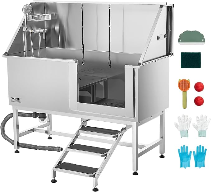 VEVOR Stainless Steel Dog Washing Station, 62 inch Pet Grooming Tub w/Stairs, PE Water Filter Board, Faucet & Showerhead & Soap Holder Dog Bathtub for Large & Medium & Small Pets (Right Door) by VEVOR