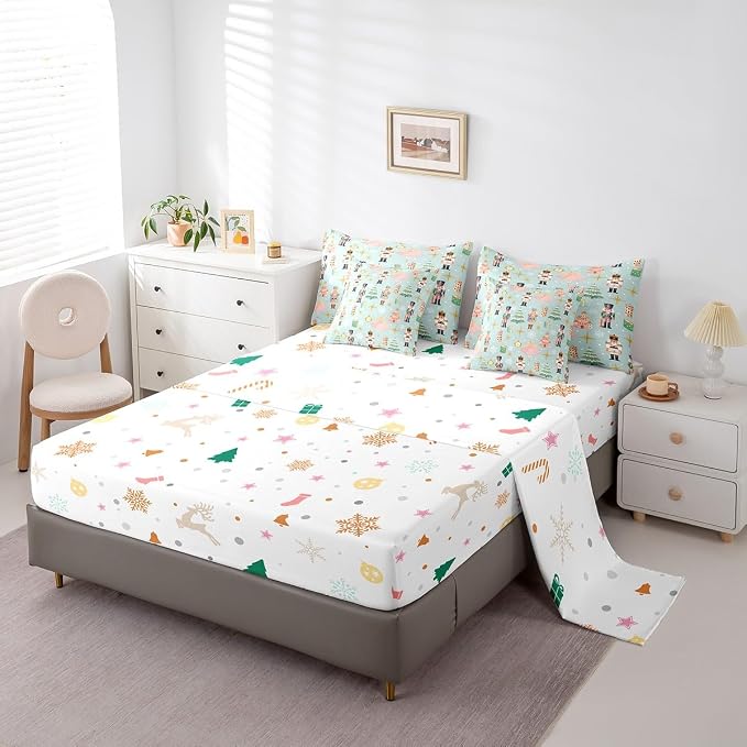 Erosebridal 7Pcs Green Christmas Comforter Set Twin,Xmas Tree Nutcracker Bedding Set,Pink Princess Bed in A Bag for Girls Women,Winter Xmas Holiday Christmas Ornaments Quilt with Flat Fitted Sheet - Image 5