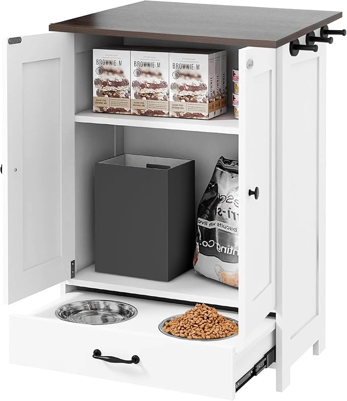 Pet Feeding Station, Dog Feeding Station, Dog Food Storage Cabinet, Pet Food Toy Organiser with 2 Elevated Bowls and Hook for Feeding and Drinking, White by Fmlud