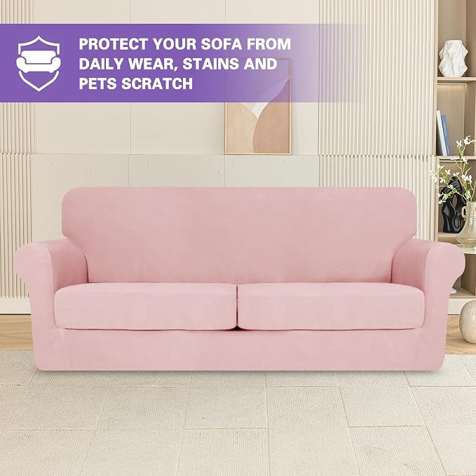 ZNSAYOTX 3 Piece Stretch Sofa Covers (71"-91") for 2 XL Cushion Couch, Thick Striped Sofa Cover with Elastic Band Bottom Ties Non-Slip Stay in Place, Soft Durable Couch Slipcovers, Rose - Image 2