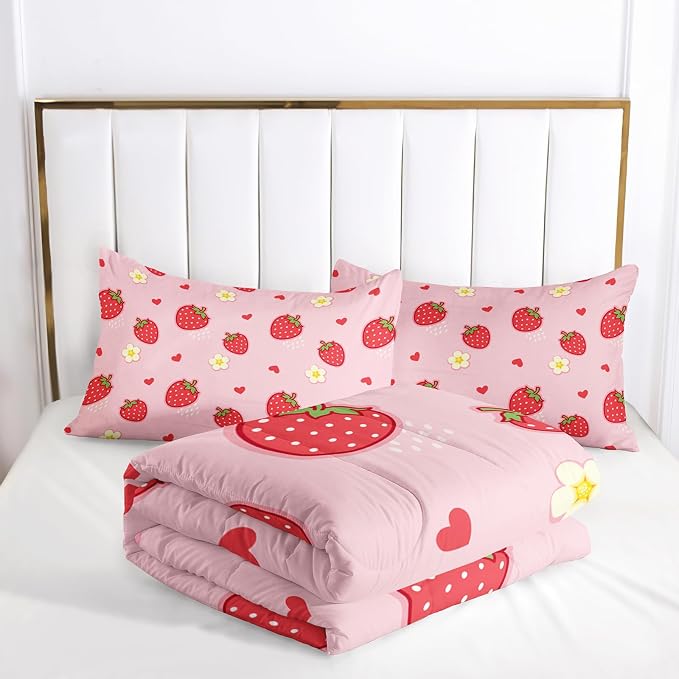Nttopship Cute Strawberry Comforter Sets, Queen Size Kids Bedding Sets with Cute Strawberries and Flowers Pattern, All Season Comforter and 2 Pillowcases - Image 5