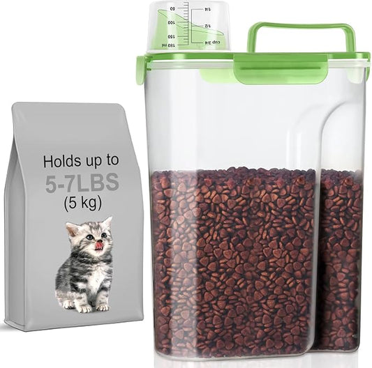 LEAWALK 5-7Lbs/6Qt Dog Cat Storage Container Portable with Upgraded Large Spout and Cup, Plastic Pet Food Dispenser for Small Animal Kibble, Bird Seed, Oatmeal, Rice, Flour, Brown Sugart (Clear Green) by LEAWALK