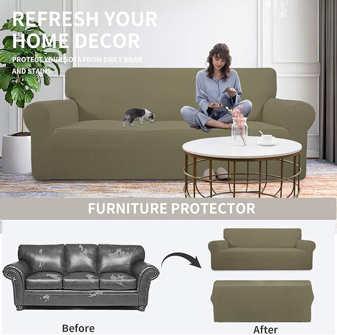 Easy-Going Stretch 4 Seater Oversized Sofa Couch Cover Khaki | 1-Piece Extra X-large Sofa Cover Furniture Protector Couch Soft with Bottom for Kids, Spandex Jacquard - Image 4