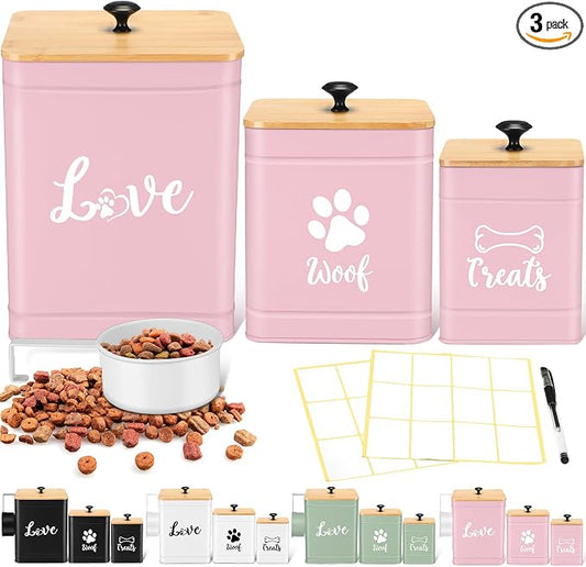 Jingmore Metal Dog Treat Containers Set of 3 with Bamboo Lids and Spoon Airtight 7+3+2 lbs Dog Food Snack Jars with DIY Labels Big Pet Cookie Storage Jar for Kitchen Counter (Pink,Funny) by Jingmore