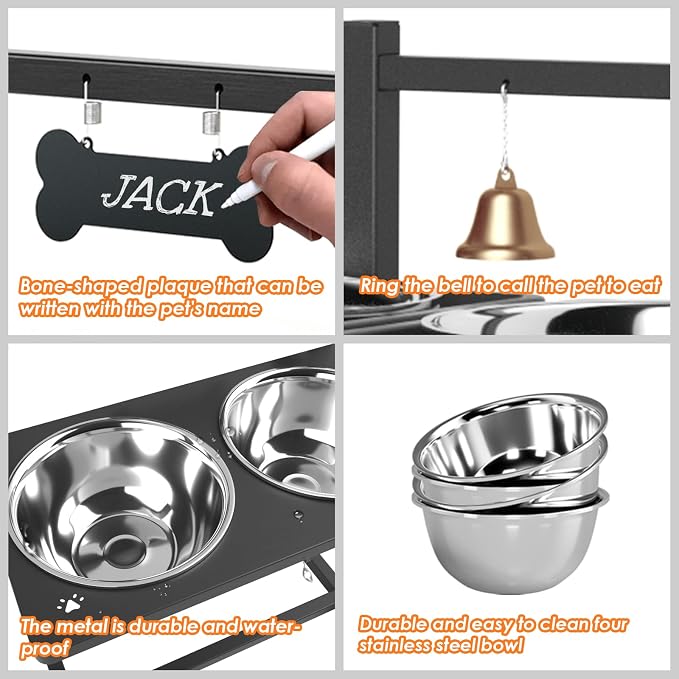 ADENGL Elevated Dog Bowl Stand with 4 Stainless Steel Bowls (1700ml/58oz) – 9 Height Adjustable Raised Pet Feeder from 4.9" to 14.5" for Large Dogs & Multi-Pet Homes, with Bone Name Tag - Image 5