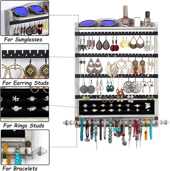 Wall Jewelry Organizer,3Pcs Hanging Jewelry Organizer,Wooden Jewelry Holder | Rustic Wall Mounted Jewelry Organizer and Storage,Wall Jewelry Hanger for Home Jewelry Storage Display - Image 5