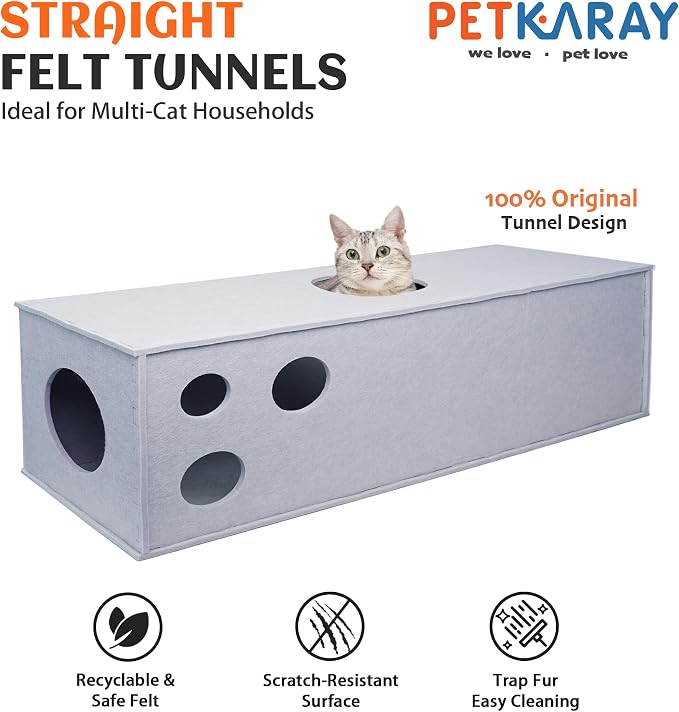 PETKARAY Cat Tunnel, Original Cat Hideaway Cave for Indoor Cats, Large Kitten Play Tubes and Tunnels, Soft Felt Cat Toy with Interactive Peek Hole， Grey Straight - Image 2