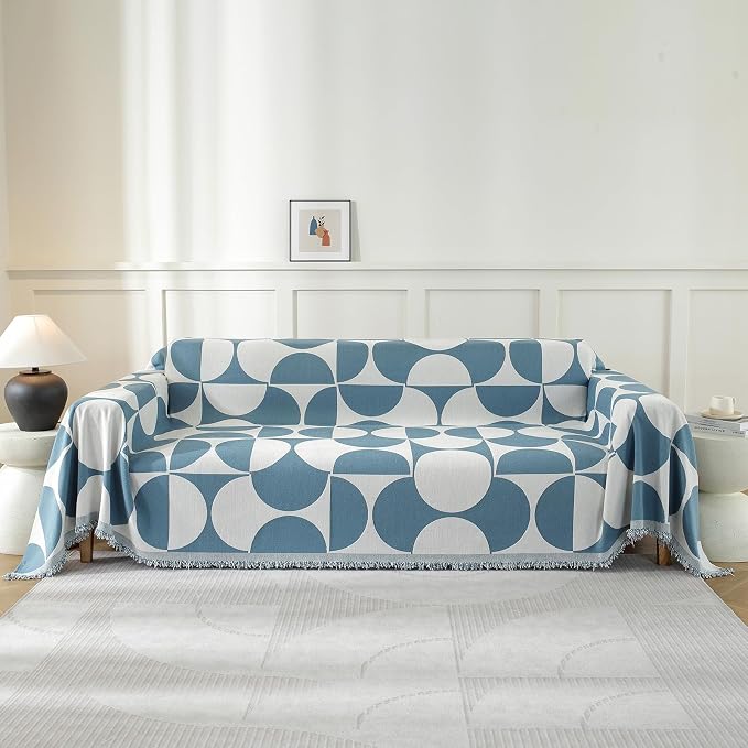 Couch Cover for Sofa, Boho Sofa Cover Washable Couch Cover for Dogs, Pet Sofa Cover for 2-Cushion Couches with Tassel Furniture Protector Cover,71" x 102",Blue-Half-Round-2 by YSTELLAA