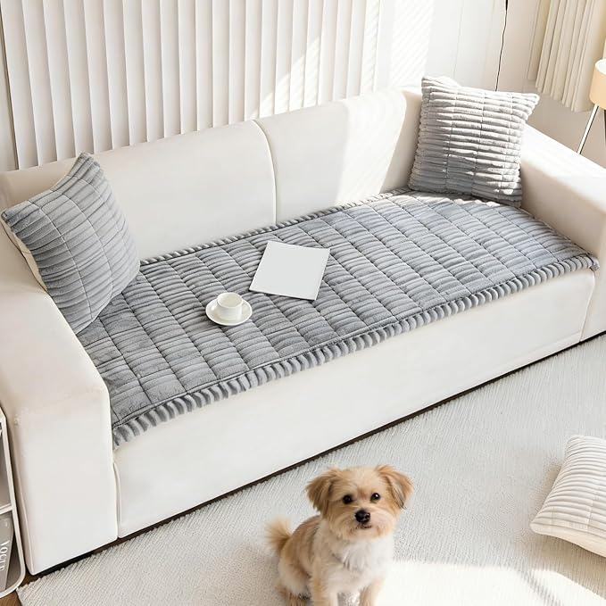 Couch Cover for Dogs, Non Slip Washable Sofa Protector Pet Friendly | Light Gray Fuzzy For 3 Cushion Couch, Protector for All Sofas (27.6" x 70.9") - Image 3