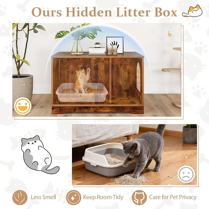 Tangkula Cat Litter Box Enclosure, Wooden Kitty Washroom Cabinet w/Winding Entry & Cat Hole, with Divider, Hidden Double Enclosed Litter Box Furniture for Living Room, Bedroom, Entryway (Rustic Brown) - Image 4