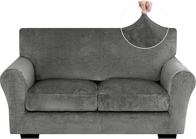 XINEAGE 3-Piece Velvet Loveseat Sofa Cover, Couch Covers for Dog,Gray | 2 Cushion Loveseat,Stretch Non-slip Elastic, Pet-friendly, Washable, Fast Setup, Soft Plush Fabric, Furniture Protector. by XINEAGE