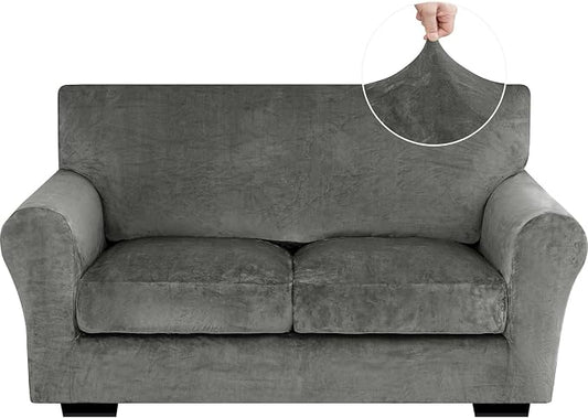 XINEAGE 3-Piece Velvet Loveseat Sofa Cover, Couch Covers for Dog,Gray | 2 Cushion Loveseat,Stretch Non-slip Elastic, Pet-friendly, Washable, Fast Setup, Soft Plush Fabric, Furniture Protector. by XINEAGE