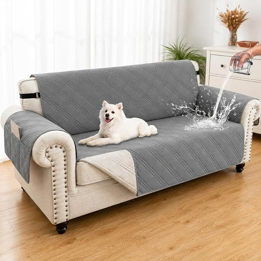 100% Waterproof Couch Cover for Dogs, Washable Anti-Slip Sofa Cover with Elastic Straps & Side Pockets, Quilted Furniture Protector for Kids & Pets (3 Cushion 68", Newgrey) by Unknown
