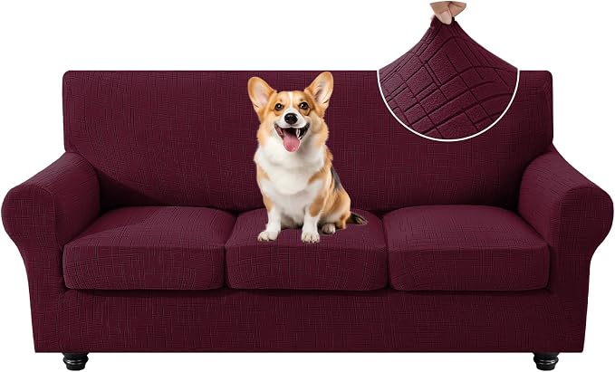 CYCMCAO 4 Piece Stretch Sofa Covers for 3 Cushion Couch, Non Slip Couch Covers for Sofa, Sofa Covers for Pets Washable, Couch Covers for Dogs,Kids (Burgundy), 71"-91" (3 Cushion Sofa) by CYCMACOHOME