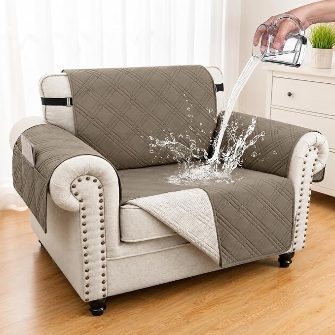 100% Waterproof Couch Cover for Dogs, Anti-Slip Washable Sofa Cover with Elastic Straps & Side Pockets, Durable Furniture Protector for Kids, Pets & Dogs (Armchair 23", Camel) by Unknown