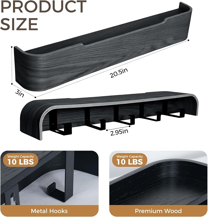 Coat Rack Wall Mount with Shelf Entryway Shelf Modern Key Holder Hanger Wall Shelves with Hidden Hooks for Hanging Towels Coats Hats Bags for Hallway Bathroom Bedroom (Black, 5 Hooks) - Image 2