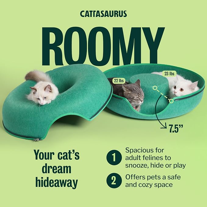 Cattasaurus Peekaboo Cat Cave Donut for Multiple & Large Cats up to 30-45 lbs, 3-in-1 Self Warming Cat Bed, Tunnel & Scratcher for Indoor Cats, Washable & Detachable Dog Bed (Forest Green, Large) - Image 3
