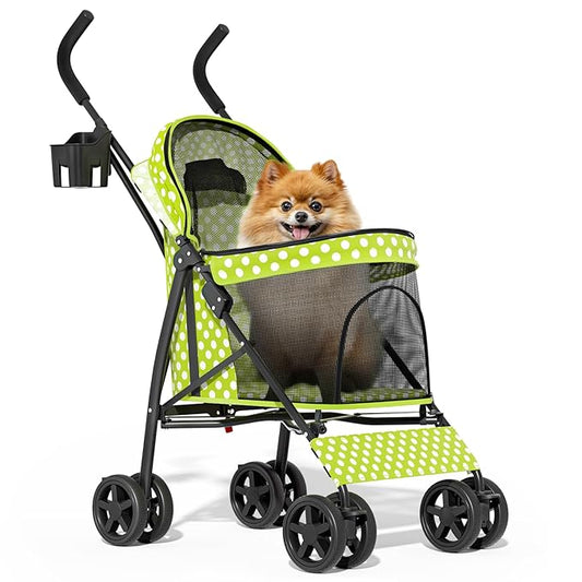 MoNiBloom 4 Wheels Pet Stroller, Easy-Fold Umbrella Shaped Dog Cat Jogger Stroller w/Storage Bag & Visible Mesh for Small/Medium Dogs Cats Lawn Green Polka Dots