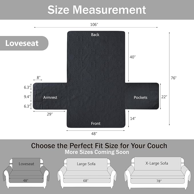 Water Repellent Loveseat Cover for 2 Cushion Couch, Machine Washable Love Seat Quilted Couch Covers, Pet Friendly Loveseat Slipcovers (Loveseat 48", Blue Gray) - Image 7