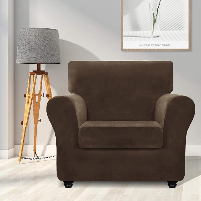 ZNSAYOTX Luxury Velvet Chair Slipcovers with Arms 2 Piece Stretch Chair Covers for Living Room Thick Soft Armchair Slipcover Anti Slip Pet Friendly Furniture Protector (Dark Coffee),30"-47"(1 Cushion) - Image 2