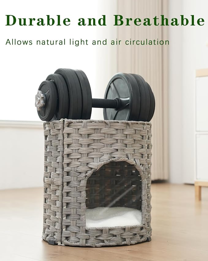 SETVSON Cat House for Indoor Cat, Small Handwoven PE Rattan Cave, Gray | Foldable Pet Kitten Bed Covered, Comfortable Double-Sided Cushion, 13x13x13.7 Inches, Quick 5-Minute Assembly - Image 3