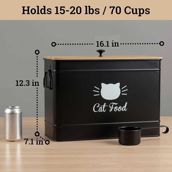 Metal Cat Food Container with Scoop, 15lb (50 Cup) w/ Airtight Bamboo Lid | 15 lb / 50 Cup Capacity, 1 Cup Metal Scoop, Durable Powder Coated Iron Body, Rubber Lined Bamboo Lid, Sturdy Metal Handles - Image 6