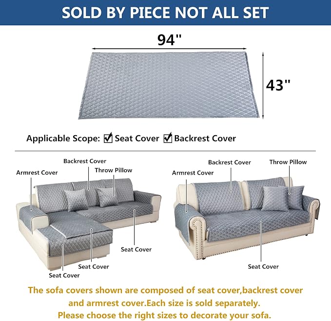 Eismodra Couch Cover,Sectional Couch Covers,Sofa Covers for 3 Cushion Couch,Anti-Slip Sofa Slipcovers for Dogs Cats Kids Loveseat Recliner L Shaped Armrest Backrest,Light Gray 43''x94''(Only 1 Piece) - Image 5