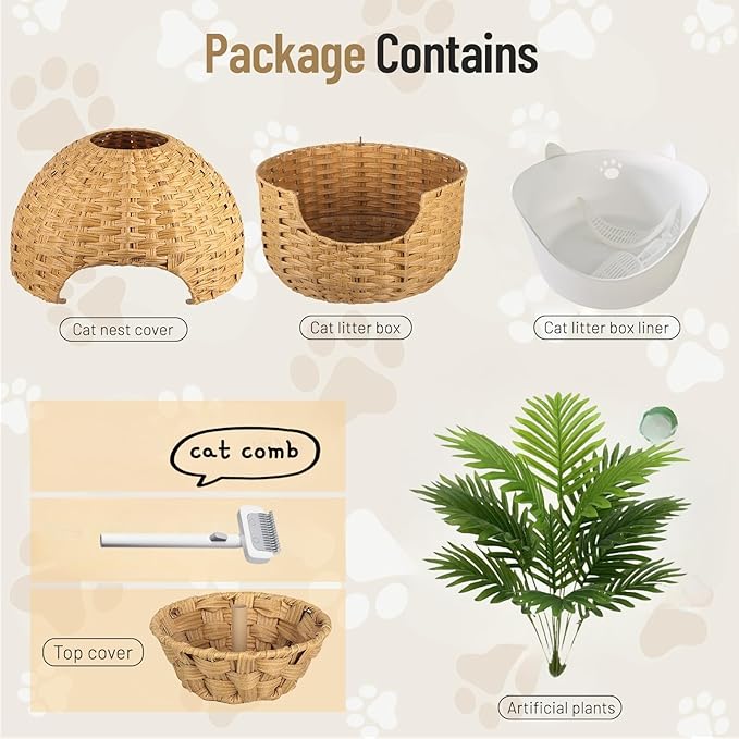 Cat Litter Box Enclosure Furniture with Artificial Plant - Handwoven Rattan Round Planter, Easy Clean, for Living Room, Bedroom, Corner, Natural Decor