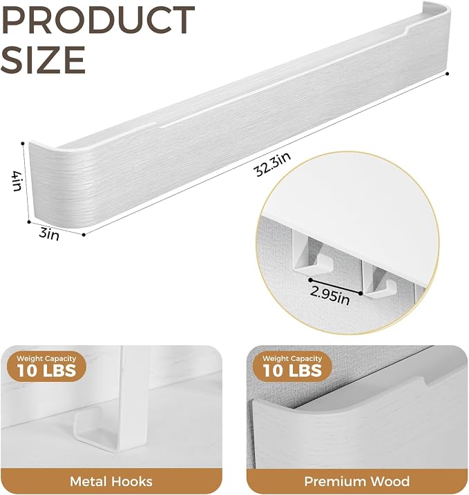 Coat Rack Wall Mount with Shelf Entryway Shelf Modern Key Holder Hanger Wall Shelves with Hidden Hooks for Hanging Towels Coats Hats Bags for Hallway Bathroom Bedroom(White, 8 Hooks) - Image 2