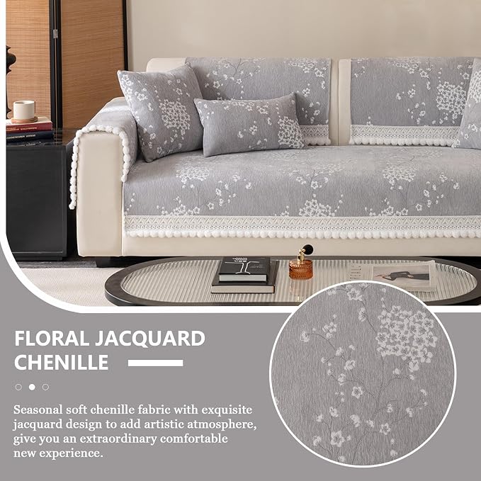 DREAMINGO Grey Floral Couch Cover Vintage Jacquard Pet Sofa Cover Non Slip Chenille Couch Protector Living Room Washable Sectional Furniture Slipcovers for 3 Seat Sofa, 35.4"x70.9" - Image 3