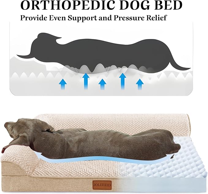 Orthopedic XL Dog Bed Large Sized Dog 42''X28'', Waterproof L Bolster Egg Crate Foam Big Pet Crate Beds with Washable Removable Cover, Non-Slip Soft Pet Couch Sleep Mat, Ivory - Image 3