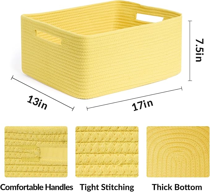 MiniArk Large Storage Baskets for Organizing, 17 x 13 x 7.5” Closet Shelf Baskets for Clothes Blanket Towels, Baby Nursery, Toy Bins Box, Woven Rope Baskets, 4 Packs Yellow - Image 2
