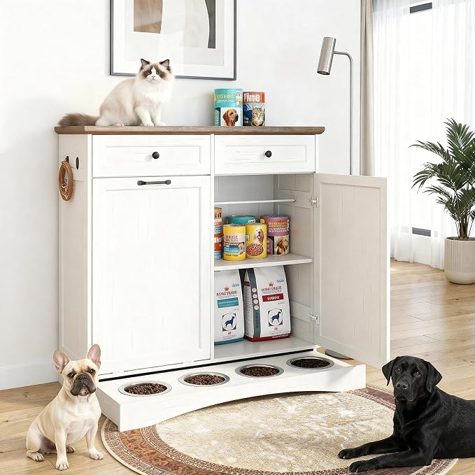 39.7’’W Dog Feeding Station, Tilt-Out Dog Food Cabinet for Multi-Pets, Pet Feeder Station with 4 Feeding Bowls, Dog & Cat Storage Organizer with Hanging Rod, (White, Dual Doors) - Image 7