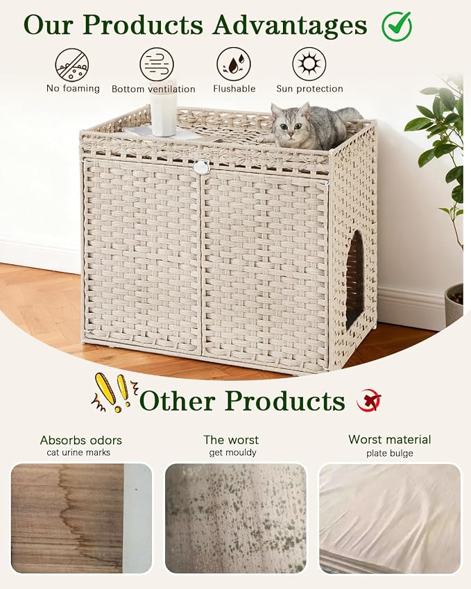 SETVSON Cat Litter Box Enclosure Furniture, Hidden Litter Box, Cat Litter Box Cabinet with 2 Litter Mats, Handwoven Rattan Large Space Cat House Indoor, Living Room, Bedroom, Apartment Light Khaki - Image 4