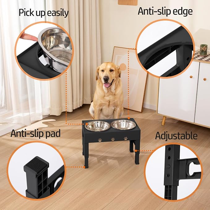 Elevated Dog Bowls with 2 Stainless Steel Bowls, 5-Height Adjustable Stand (3.1", 9" to 12"), for Improved Digestion & Neck Support, Easy Clean, Non-Slip Base Raised Feeder for Medium Large Dogs - Image 3