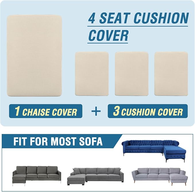 H.VERSAILTEX Sectional Couch Covers 4 Pieces Sofa Seat Cushion Covers L Shape Separate Cushion Couch Chaise Cover for Both Left/Right Sectional Couch (Seat Only: 1 Chaise + 3 Sofa, Natural) - Image 8