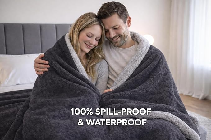 Waterproof Queen Size Blanket - Sherpa Fleece Reversible Throw, Soft Warm Leak-Proof Bed & Couch Protector for Kids, Pets & Everyday Spills (Charcoal Grey/Silver Grey, Queen 90x90) - Image 6