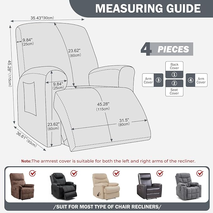 vctops Diamond Recliner Cover 4-Pieces Recliner Stretch Sofa Slipcover 1 Seater Couch Protector Soft Solid Furniture Protector Covers with Elastic Strap (Grey,1 Seat) - Image 2