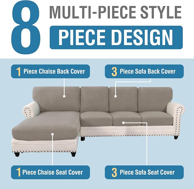 H.VERSAILTEX Sectional Couch Covers 8 Pieces Stretch Sofa Covers for Sectional Sofa Set Separate L Shaped Couch Cover for Both Left/Right Couch (Seat and Back: 1 Chaise + 3 Sofa, Taupe) - Image 3