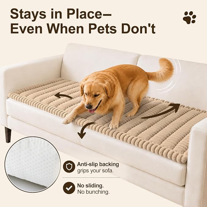 decorUhome Couch Cover for Dogs, Non Slip Fuzzy Thick Pet Sofa Protector | Pet Friendly, Machine Washable, Fits 3-Cushion Sofa, Protects Against Pet Hair & Daily Messes, Khaki, 27.6" x 70.9" - Image 3