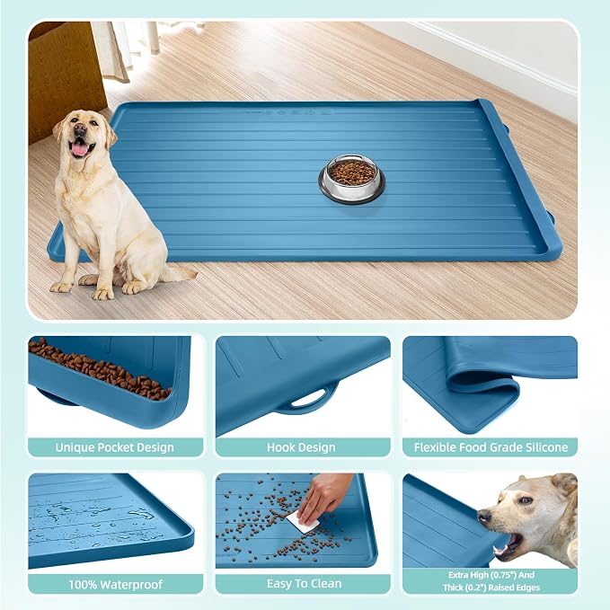 Dog mat for Food and Water - 39.4" x 27" Thickened Large Dog Food Mat | Waterproof Pet Bowl Mat with Residue Collection Pocket and High Edges to Prevent Water and Food Spills - Navy - Image 5