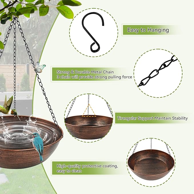 13" Metal Hanging Bird Bath with Chains and Hook | 3" Deep Bowl, 1.4Gal Capacity, 3 Chain Support, Easy Cleaning, Rust Resistant, Birdbath or Bird Feeder Garden Decor - Image 4