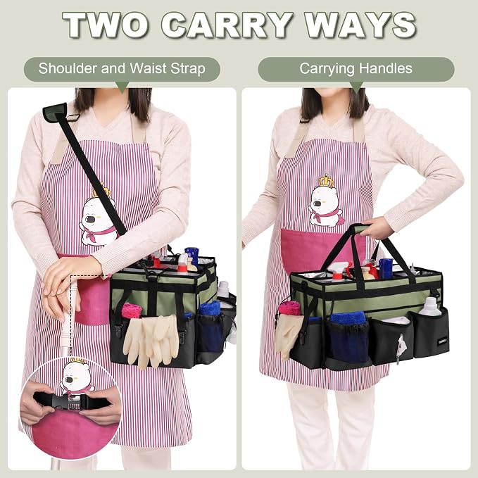 Large Cleaning Caddy Bag with Built-In Support Board, Cleaning Tote Organizer with Removable Divider, Supply Carryall with Adjustable Shoulder Strap and Waist Belt for Cleaners & Housekeeper - Image 4