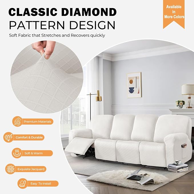 vctops Diamond Recliner Sofa Covers 10-Pieces Stretch Large RV Couch Covers for 4 Seats Reclining Slipcovers Soft Solid Furniture Protector (White,4 Seat) - Image 3