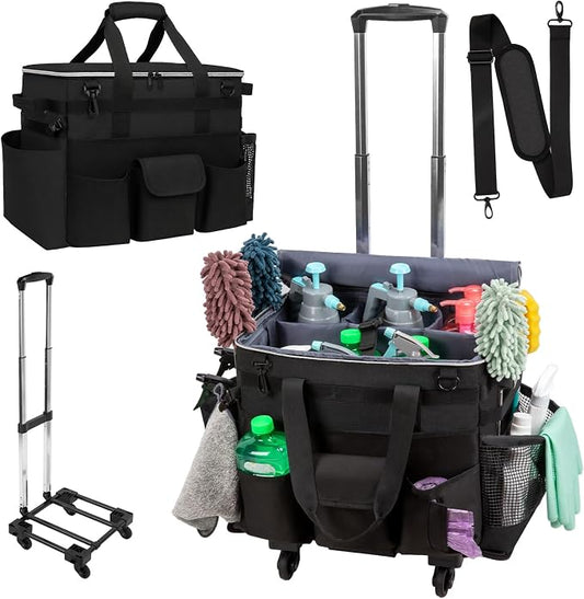Large Rolling Cleaning Caddy with Wheels, Cleaning Supplies Organizer with Detachable Trolley, Water-resistant Cleaner Cart for Housekeepers, Multi Pocket Cleaning Cart with Shoulder Strap, Black by wigojoy