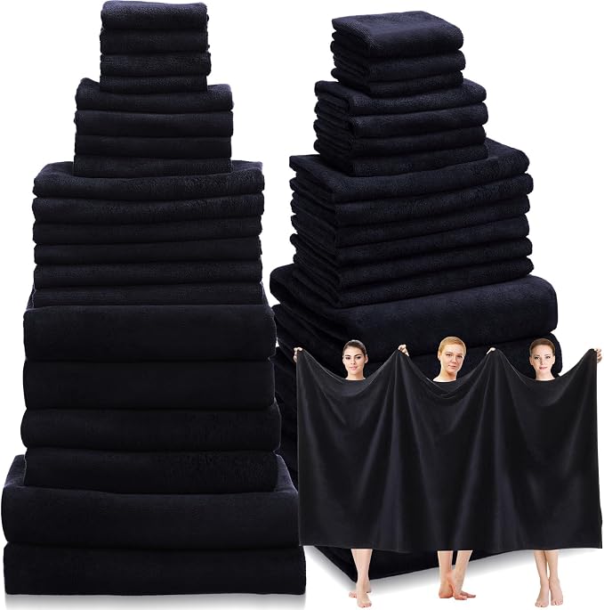 Mixweer 24 Piece Black Microfiber Absorbent Towel Set: 2 Oversized Bath Sheets, 4 Bath Towels, 6 Hand, 8 Washcloths, 4 Fingertip for Bathroom Spa Gym Camping Beach by Mixweer