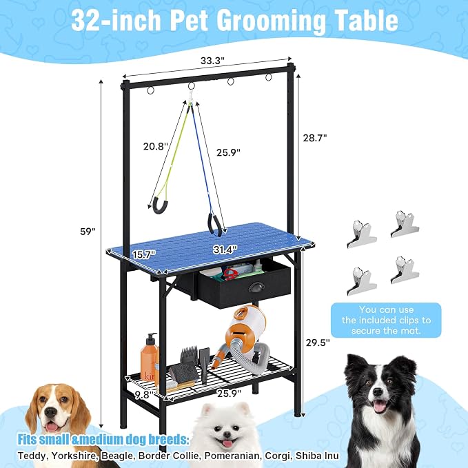 32-Inch Dog Grooming Table with Drawer & Mesh Tray,Adjustable Pet Grooming Table with Non-Slip Removable Washable Mat & EVA Protective Lanyard, Professional Grooming Table for Small Dog at Home（Blue） - Image 9