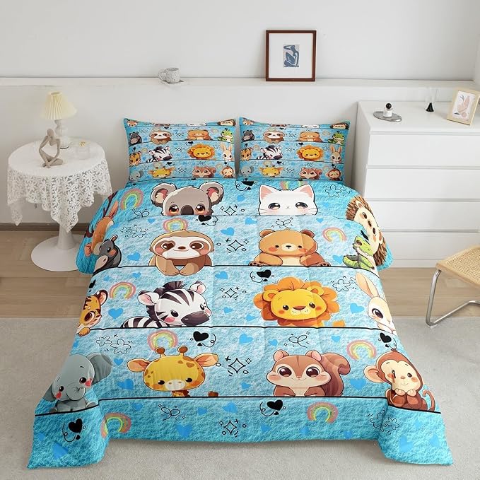 Manfei Cartoon Zoo Animals Kids Comforter Set,Cute Bear Lion Squirrel Elephant Duvet Set for Room Decor,Kawaii Love Print Blue Brushed Microfiber Soft Quilt Cover,Full Size 3 PCS by Manfei