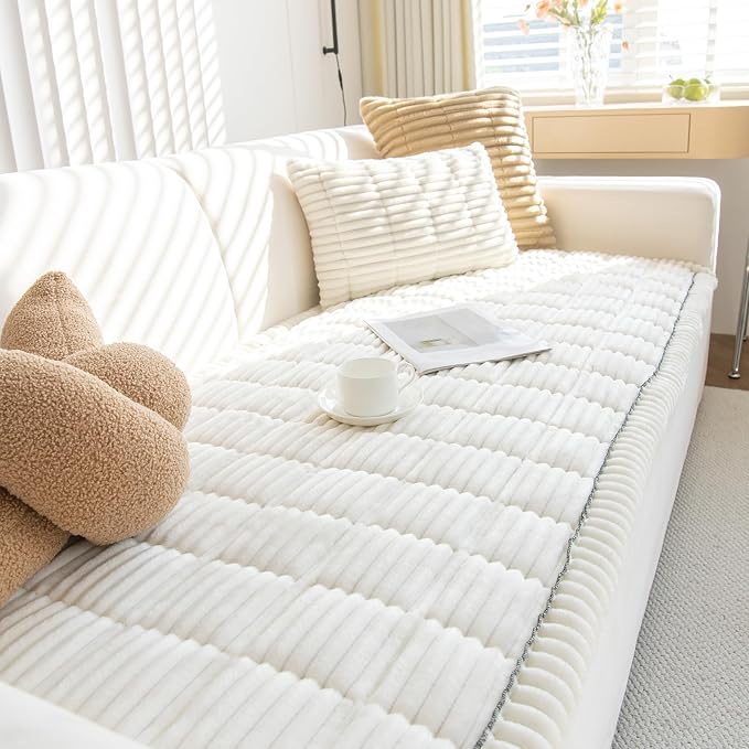 VClife Dogs Couch Cover, Non Slip Sofa Cover Washable, White, 27.6" X 59.1" | Soft Fuzzy Couch Cover for 2 Cushion Couch Sofa Pet Friendly, Scratch Resistant Thick Furniture Protector for Sectional Sofa by VCLIFE